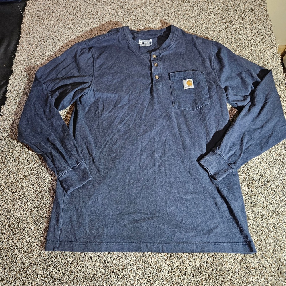 Carhartt Mens Navy Blue Long Sleeve Henley Pocket T-Shirt Loose Fit K128 NVY M